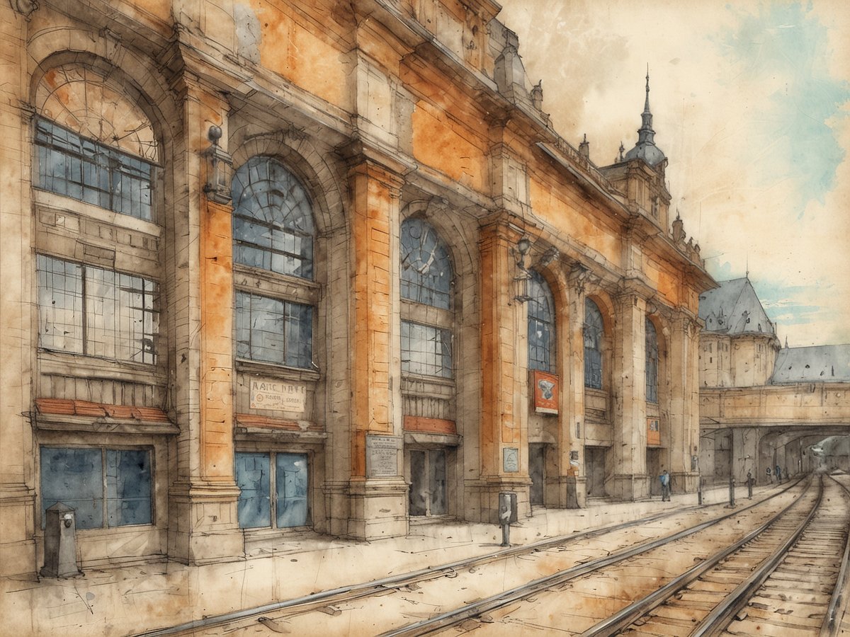 Weimar Hauptbahnhof als Drehkreuz für Reisende und Pendler, zeigt die prächtige Fassade des Bahnhofs mit großen Fenstern und dekorativen Elementen. Die Architektur ist von historischer Eleganz geprägt, während die Gleise im Vordergrund die Ankunft und Abfahrt von Zügen symbolisieren. Ein moderner Touch wird durch Details wie Informationsschilder und das geschäftige Treiben von Passanten ergänzt, die sich in der Reisendenströme bewegen. Die Szene vermittelt eine Atmosphäre von Bewegung und Lebensstil im Zugverkehr.