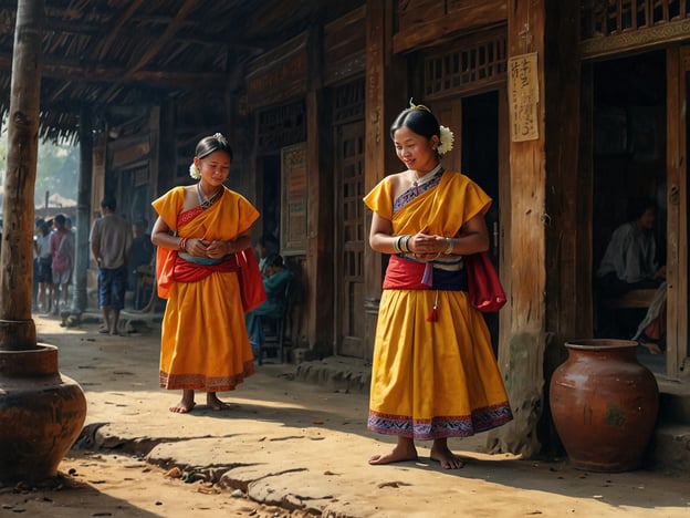 Auf dem Bild sind zwei Mädchen in traditioneller Kleidung zu sehen, die sich in einem ländlichen Dorf oder Stadtteil aufhalten. Ihre gelben Kleider, kombiniert mit bunten Tüchern und schlichten Accessoires, wirken sehr farbenfroh und rund um die Szene. 

Diese Art von Kleidung könnte auf eine bestimmte ethnische Gruppe oder Region hinweisen, die mit reicher Kultur und Tradition verbunden ist – möglicherweise aus Südostasien oder einer indigenen Kultur. Die Blumen im Haar und die Schmuckaccessoires sind ebenfalls charakteristisch für viele asiatische Kulturen, die oft eine enge Verbindung zur Natur und zu festlichen Anlässen pflegen. 

Die Umgebung wirkt traditionell, mit Holzgebäuden und Handwerkskunst, was auf eine tief verwurzelte Gemeinschaft sowie eine möglicherweise noch lebendige und authentische Lebensweise hinweist. Solche Bilder sind oft Zeugnisse von kulturellen Festen oder Alltagsleben in Gemeinschaften, die ihre Traditionen bewahren und dabei die Harmonie mit der Natur und ihrer Umgebung reflektieren.