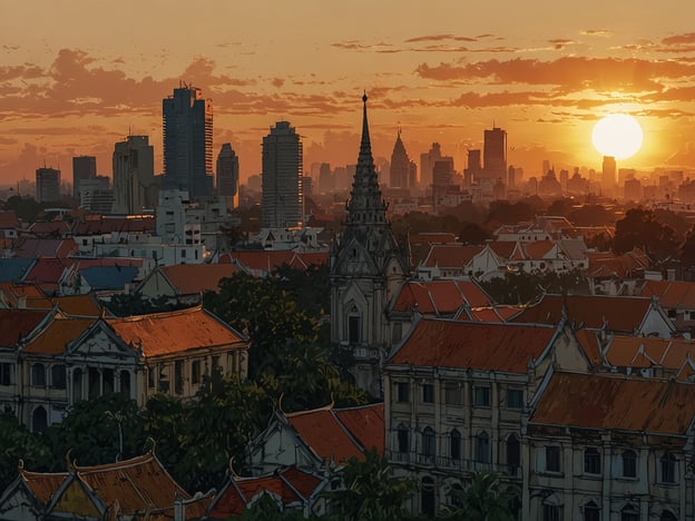 Auf dem Bild ist ein wunderschöner Sonnenuntergang über der pulsierenden Hauptstadt Phnom Penh zu sehen. Die Silhouetten der modernen Hochhäuser mischen sich harmonisch mit der traditionellen Architektur der Stadt, die mit ihren roten Dachziegeln und historischen Gebäuden die Skyline bereichert. Der Himmel strahlt in warmen Farben, während das Licht der untergehenden Sonne die Szene in ein malerisches Licht taucht. Dies vermittelt ein Gefühl von lebendiger Energie und kultureller Vielfalt, das Phnom Penh auszeichnet.