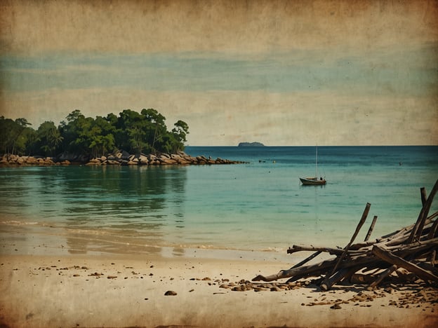 Auf dem Bild ist eine ruhige Küstenlandschaft zu sehen, die mit ihren klaren, türkisfarbenen Gewässern und der sanften Strandlinie an Die Strände von Sihanoukville oder Koh Rong erinnern könnte. Im Hintergrund gibt es eine kleine, bewaldete Insel, während im Vordergrund ein Boot sanft im Wasser schaukelt. Die Atmosphäre wirkt friedlich und idyllisch, typisch für die tropischen Strände Kambodschas. Die angeordneten Holzstücke am Strand könnten Reste von alten Bauwerken oder eine natürliche Ansammlung von Treibgut sein.