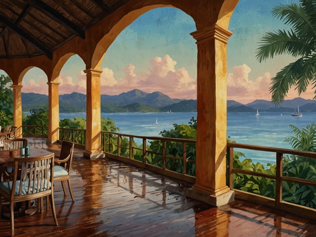 Auf dem Bild ist eine malerische Veranda zu sehen, die einen atemberaubenden Blick auf das Wasser und die umliegenden Berge bietet. Diese entspannte Umgebung erinnert an die Idylle von Kampot und Kep in Kambodscha. Die warmen Farben des Sonnenuntergangs und die liebevoll gestalteten Möbel laden dazu ein, die Natur zu genießen und die Ruhe der tropischen Landschaft zu erleben. Ein perfekter Ort für Entspannung und Erholung.