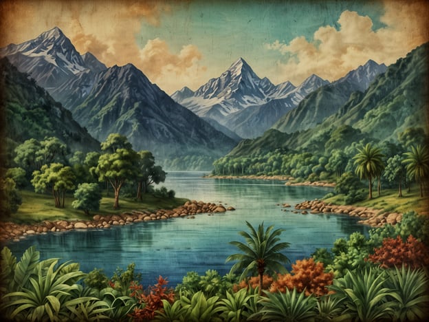 Auf dem Bild ist eine atemberaubende Naturlandschaft Nepals zu sehen. Im Vordergrund befindet sich ein ruhiger Fluss, umgeben von üppigem, grünem Pflanzenbewuchs und bunten Blumen. An den Ufern stehen verschiedene Bäume, während die Landschaft im Hintergrund von majestätischen Bergen geprägt ist, die mit schneebedeckten Gipfeln aufragen. Der Himmel zeigt sanfte Wolken, die ein friedliches und harmonisches Gesamtbild erzeugen. Diese beeindruckende Szenerie spiegelt die natürliche Schönheit und Vielfalt der nepalesischen Landschaft wider.