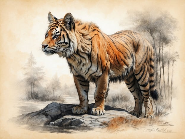 Auf dem Bild ist ein majestätischer Tiger zu sehen, der auf einem Felsen steht. Er hat ein wunderschönes, gestreiftes Fell in orange und schwarz. Der Tiger schaut aufmerksam in die Ferne, umgeben von einer ausgewogenen und natürlichen Umgebung, die an einen Park erinnert. Diese Darstellung zeigt die Tierwelt im Park in ihrer eleganten und kraftvollen Form.