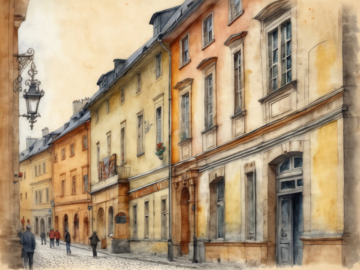 Eine malerische Straße in Weimar mit historischen Gebäuden, die in sanften Farbtönen von Gelb und Orange gestrichen sind. Die Fenster der Häuser sind mit Fensterläden versehen, und einige sind mit Pflanzen dekoriert. Auf der linken Seite hängt eine nostalgische Straßenlaterne, die dem Bild einen besonderen Charme verleiht. Mehrere Fußgänger schlendern in der Straße, was eine lebendige Atmosphäre schafft. Der Gehweg ist mit alten Steinen gepflastert, und die Architektur spiegelt die Geschichte und Kultur Weimars wider.