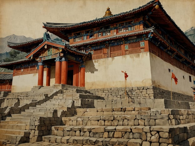 Auf dem Bild könnte ein traditionelles bhutanisches Kloster oder eine Festung zu sehen sein, die typisch für die Architektur Bhutans ist. Solche Gebäude sind häufig mit aufwendigen Holzschnitzereien und bunten Wandmalereien verziert, die religiöse und kulturelle Themen darstellen. 

Bhutan ist bekannt für seine tief verwurzelte buddhistische Kultur, und viele Klöster, auch Dzongs genannt, dienen sowohl als religiöse Stätten als auch als administrative Zentren. Die Architektur, mit ihren markanten Steinmauern und geschwungenen Dächern, spiegelt den Einfluss des Tibetanischen Buddhismus wider. Solche Bauten befinden sich oft in malerischen Landschaften, umgeben von Bergen und Wäldern, was die spirituelle Verbindung der bhutanischen Menschen zur Natur unterstreicht. 

Die Stufen, die zum Eingang führen, symbolisieren oft den Weg zu höherem Verständnis oder Erleuchtung. Farbige Flaggen, wie die im Bild, sind häufige Merkmale und sollen gute Wünsche und spirituelle Segnungen verbreiten.