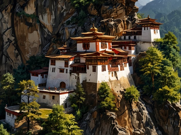 Auf dem Bild ist ein beeindruckendes Kloster zu sehen, das hoch oben an einem Felsen angebaut ist. Diese Art von Architektur ist typisch für die Region Bhutan, speziell das berühmte Tiger