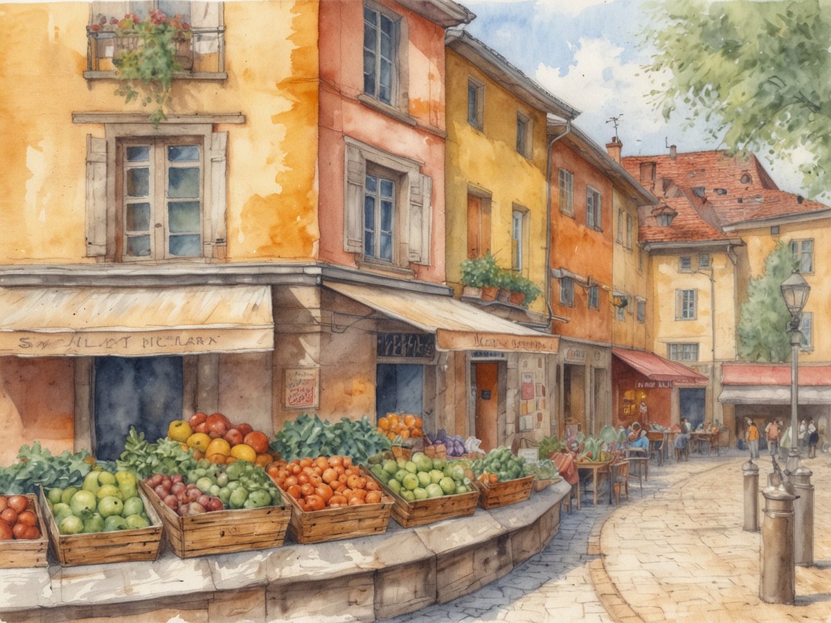 Auf dem Bild ist ein malerischer Marktplatz zu sehen, der durch bunte Gebäude und lebendige Stände geprägt ist. In den großen Holzkisten am Straßenrand sind frische Früchte und Gemüse in verschiedenen Farben und Sorten präsent. Die Atmosphäre ist einladend, mit Menschen, die an Tischen sitzen und ihre Zeit genießen. Der Platz ist von historischen Häusern umgeben, die mit blühenden Pflanzen verschönert sind. Ein laternenähnlicher Straßenlampen sorgt für zusätzliches Flair.
