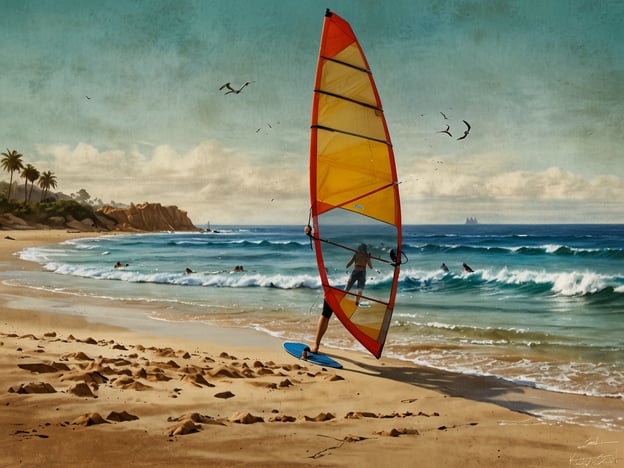 Auf dem Bild sind traumhafte Strände zu sehen, die von sanften Wellen umspült werden. Ein Windsurfer genießt ein aufregendes Wassersportabenteuer, während andere Badegäste im Wasser schwimmen. Die idyllische Landschaft wird von Palmen und Felsen im Hintergrund ergänzt, was die perfekte Kulisse für entspannende Tage am Meer bietet.