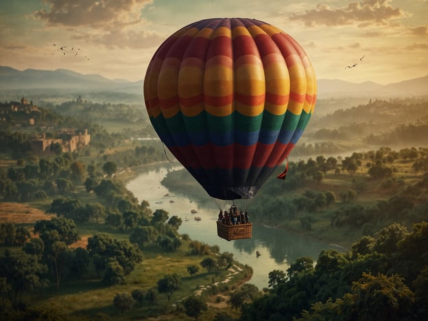 Auf dem Bild ist ein bunten Heißluftballon zu sehen, der majestätisch über eine malerische Landschaft schwebt. Diese Szene verkörpert ein einzigartiges Erlebnis, bei dem die Passagiere die atemberaubende Aussicht aus der Luft genießen können. Die sanfte Bewegung des Ballons und die Ruhe der Natur schaffen eine entspannende Atmosphäre, ideal für besondere Abenteuer und unvergessliche Erinnerungen. Die umgebende Landschaft mit Flüssen und Bäumen bietet eine spektakuläre Kulisse, die oft nur aus der Vogelperspektive erlebbar ist – eine Aktivität, die das Gefühl von Freiheit und Staunen verstärkt.