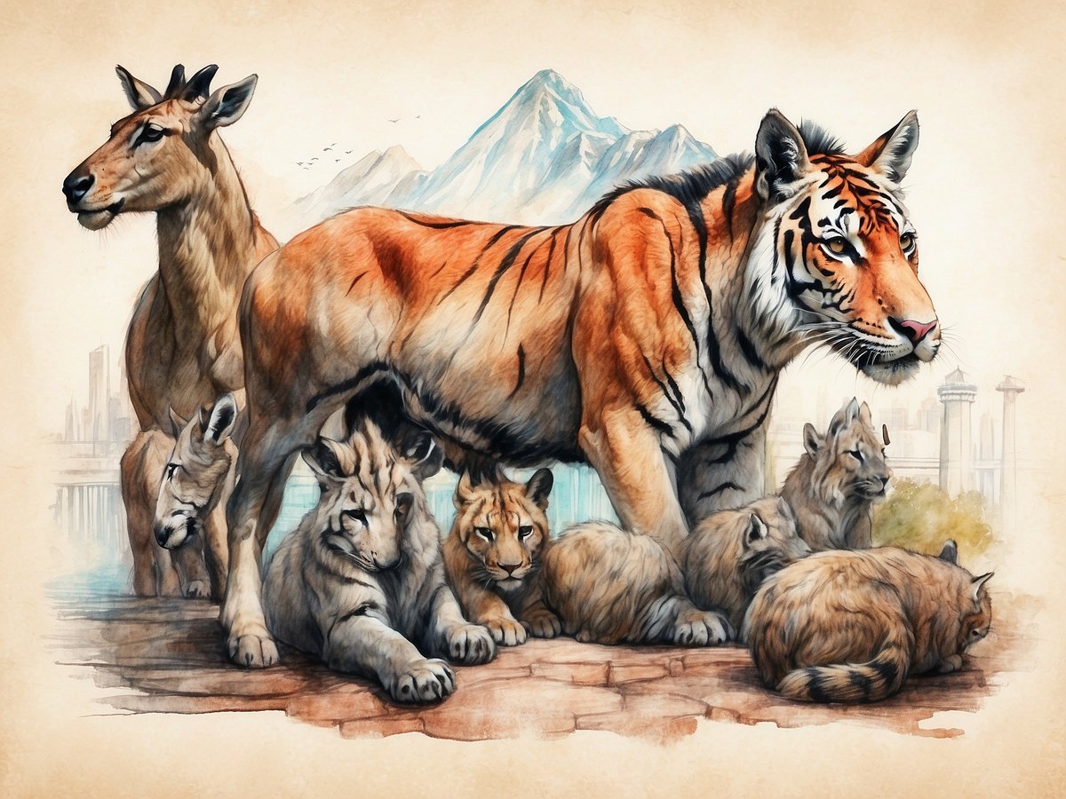 Eine majestätische Zeichnung zeigt einen großen Bengalischen Tiger, der zusammen mit mehreren Löwen und einer Antilope dargestellt ist. Der Tiger steht im Vordergrund und hat ein eindrucksvolles, ausgeprägtes Fell mit leuchtenden orangefarbenen Streifen. Um ihn herum liegen mehrere Löwenjunge, die entspannt auf dem Boden ruhen. Im Hintergrund sind sanfte Berge und eine Stadtansicht zu sehen, die eine natürliche und urbane Landschaft kombiniert. Das gesamte Bild strahlt eine harmonische Verbindung zwischen diesen Tieren und ihrer Umgebung aus, ideal für eine Präsentation im Zoo Frankfurt.