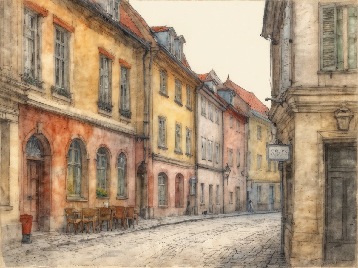 Eine malerische Gasse in einer historischen Stadt, umgeben von sanft gefärbten Fachwerkhäusern, deren Wände in warmen Gelb- und Rottönen erstrahlen. Die schmalen Straßen sind mit schlichten Steinen gepflastert und werden von bogenförmigen Fenstern und charmanten Türen gesäumt. Neben einem der Häuser stehen rustikale Holztische und Stühle, die zur geselligen Einkehr einladen. In der Ferne ist eine silhouettenhafte Figur zu sehen, die gemächlich die Straße entlangschreitet, während sanftes Licht die Szenerie umhüllt. Die gesamte Atmosphäre strahlt einen ruhigen, poetischen Charakter aus, der an die Epoche der Weimarer Klassik erinnert.