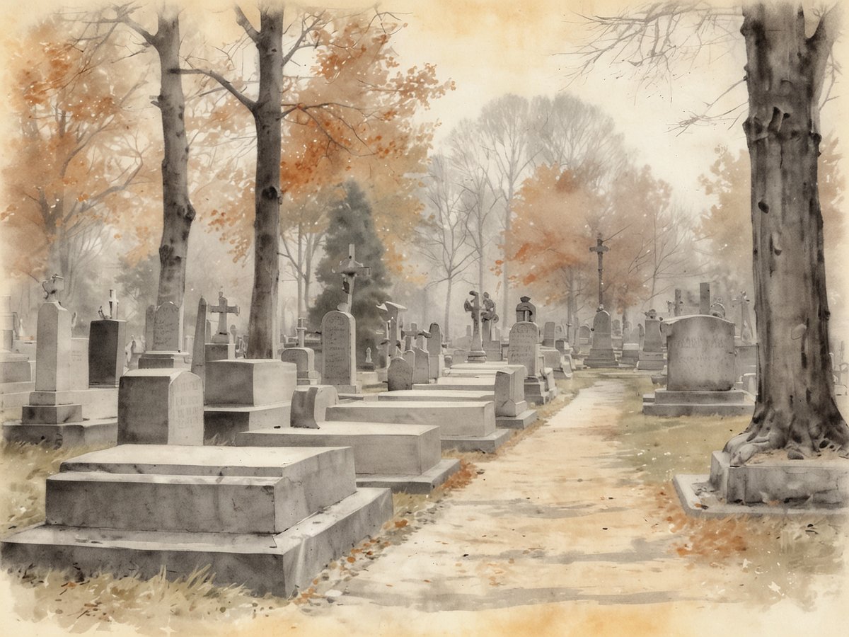 Friedhof Weimar mit einer ruhigen Allee, gesäumt von Grabsteinen in verschiedenen Formen und Größen. Bäume mit orangefarbenem Laub umrahmen den Weg, während eine neblige Atmosphäre dem Bild eine melancholische Stimmung verleiht. Einige Grabsteine sind mit Kreuzsymbolen versehen, während andere schlicht gehalten sind. Der Boden ist teilweise mit trockenem Gras und herabgefallenen Blättern bedeckt, was die herbstliche Jahreszeit unterstreicht.