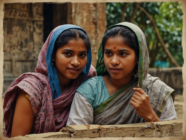 Auf dem Bild sind zwei Frauen zu sehen, die traditionelle indische Kleidungsstücke tragen. Sie scheinen in einer ländlichen Umgebung zu sein und tragen Schals, die möglicherweise kulturelle oder religiöse Bedeutung haben. 

In vielen Kulturen, insbesondere in Indien, wird das Tragen von Schals oder Tüchern oft mit Respekt und Anstand assoziiert. Es ist wichtig, die kulturellen Kontexte zu verstehen, in denen solche Kleidungsstücke getragen werden, und die Vielfalt der Traditionen zu respektieren. Es könnte auch darauf hindeuten, dass sie in einer gemeinschaftlichen oder familiären Interaktion sind, was in vielen Kulturen von großer Bedeutung ist. 

Es ist ratsam, bei der Betrachtung solcher Bilder die kulturellen Besonderheiten und die mögliche Symbolik der Kleidung zu berücksichtigen.