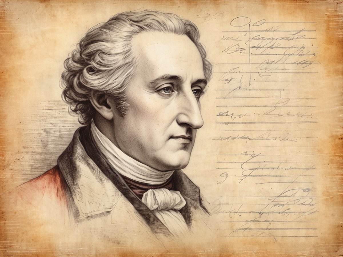 Das Bild zeigt ein Portrait eines Mannes mit hellen, lockigen Haaren und einem nachdenklichen Ausdruck. Der Mann ist im Profil zu sehen und trägt einen eleganten, historischen Anzug mit einem weißen Kragen sowie einer Krawatte. Im Hintergrund ist ein altes, handgeschriebenes Dokument mit linienförmigen Notizen und Anmerkungen zu erkennen, das einen nostalgischen Eindruck vermittelt. Die Farbgebung ist warm und vermittelt eine historische Atmosphäre, die an die Zeit von Goethe erinnert.