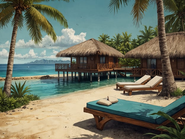 Auf dem Bild sind luxuriöse Resorts mit Überwasserbungalows zu sehen. Die Bungalows sind auf Stelzen über dem Wasser gebaut und von einer malerischen Landschaft mit Palmen und sandigem Strand umgeben. Entspannungsliegen laden dazu ein, die schöne Aussicht auf das klare Wasser und die Berge im Hintergrund zu genießen. Diese Szene vermittelt ein Gefühl von Ruhe und Exklusivität, typisch für tropische Urlaubsziele.