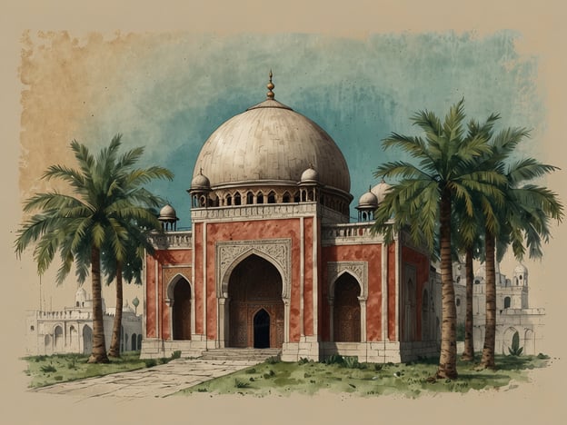 Auf dem Bild ist ein historisches Gebäude mit einem großen, kuppelförmigen Dach zu sehen, das von Palmen umgeben ist. Die Architektur erinnert an indische Mausoleen, wie sie oft in Mughal-Architektur zu finden sind. Ein bekanntes Beispiel wäre das Humayun-Mausoleum in Neu-Delhi, das für seine prachtvolle Gestaltung und die besondere Verwendung von roten Sandsteinen bekannt ist. 

Die frohe und lebendige Landschaft, kombiniert mit den eleganten architektonischen Details, spiegelt das reiche kulturelle Erbe der Region wider. Solche Bauwerke sind oftmals beliebte Touristenziele und ziehen Besucher an, die sich für Geschichte und Architektur interessieren.