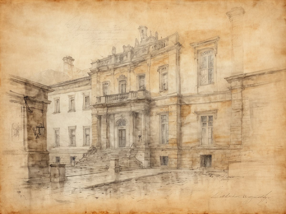 Das Bild zeigt eine künstlerische Darstellung des Schiller Museums in Weimar. Im Vordergrund sind die eindrucksvollen Stufen zu sehen, die zu einem monumentalen Eingang führen. Die Fassade des Gebäudes ist geprägt von einem klassischen Design mit großen Fenstern und einem geometrischen Giebel. Der Hintergrund zeigt einen durch Wolken bedeckten Himmel und lässt eine ruhige Atmosphäre durchscheinen. Die verwendeten sanften Farbtöne in Kombination mit den Details der Architektur verleihen dem Bild eine nostalgische Stimmung, die an die Zeit von Friedrich Schiller erinnert. Der Boden vor dem Museum scheint feucht zu sein, was den Eindruck eines kürzlichen Regens erweckt.
