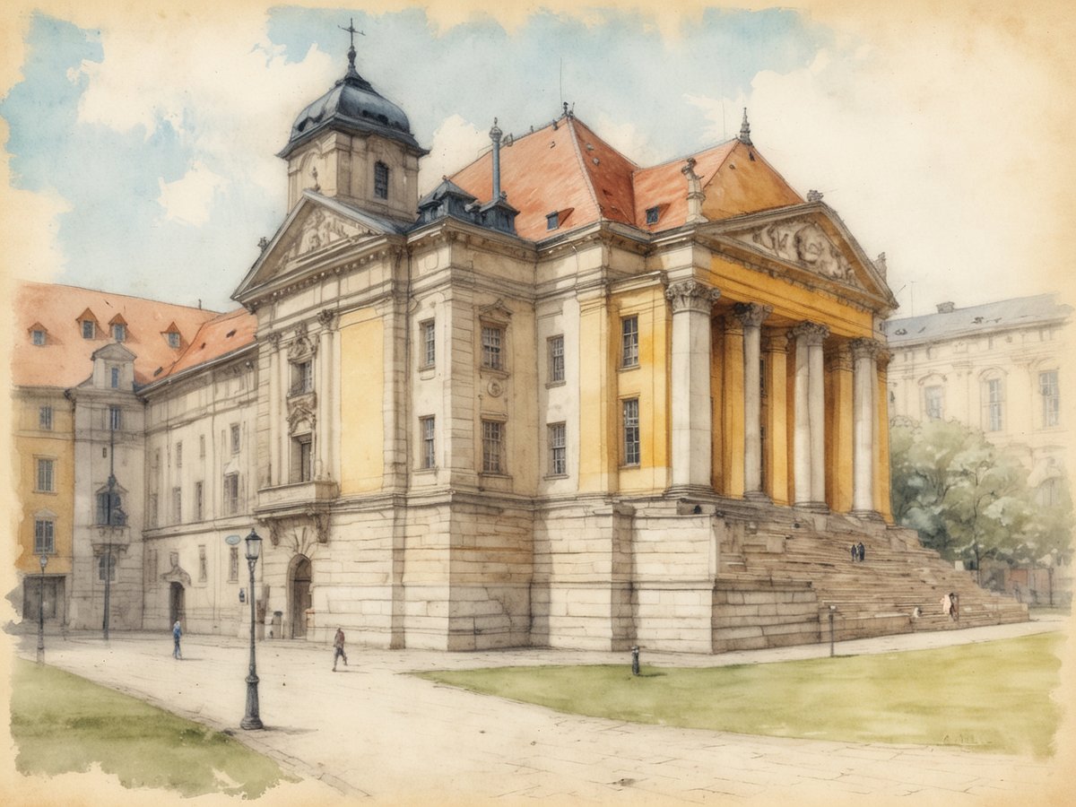 Das Bild zeigt ein historisches Gebäude mit ansprechender Architektur, welches durch eine große Freitreppe und Säulen im klassizistischen Stil gekennzeichnet ist. Der Gebäudekomplex hat eine gelbe und graue Fassade, die von einer roten Dachlandschaft umgeben ist. Im Vordergrund sind mehrere Personen auf dem Platz zu sehen, der von Laternen gesäumt wird. Die Szenerie ist in einem sanften Aquarellstil gehalten, was dem Bild eine verträumte Atmosphäre verleiht. Ein Teil des grünen Rasens und einige Bäume sind ebenfalls sichtbar, was das Gesamtbild harmonisch ergänzt.
