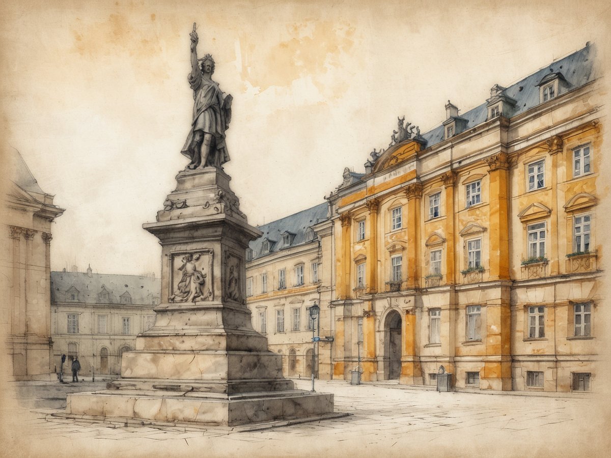 Das Bild zeigt das Goethe-Schiller-Denkmal in Weimar, umgeben von historischen Gebäuden. Die Skulptur steht auf einem erhöhten Sockel, wobei Goethe und Schiller in klassischer Kleidung dargestellt sind. Der Sockel ist mit reliefartigen Verzierungen versehen, die Szenen aus dem Leben der Dichter zeigen. Im Hintergrund sind farbenfrohe Fassaden älterer Gebäude zu sehen, die den Eindruck eines historischen Stadtplatzes vermitteln. Das Bild vermittelt eine Atmosphäre der kulturellen Bedeutung und Wertschätzung für die deutsche Klassik.