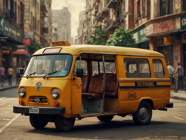 Auf dem Bild ist ein gelbes Taxi zu sehen, das typischerweise für den Personentransport in städtischen Gebieten genutzt wird. Es handelt sich um ein Minibus-Taxi, das Platz für mehrere Passagiere bietet. Der Transport wird durch die offenen Türen erleichtert, die den Einstieg und Ausstieg der Fahrgäste ermöglichen. Im Hintergrund sieht man eine belebte Straße mit weiteren Menschen, was auf eine lebendige Stadtumgebung hinweist. Diese Art von Fortbewegung ist in vielen Städten verbreitet, um flexible und kostengünstige Transportmöglichkeiten anzubieten.