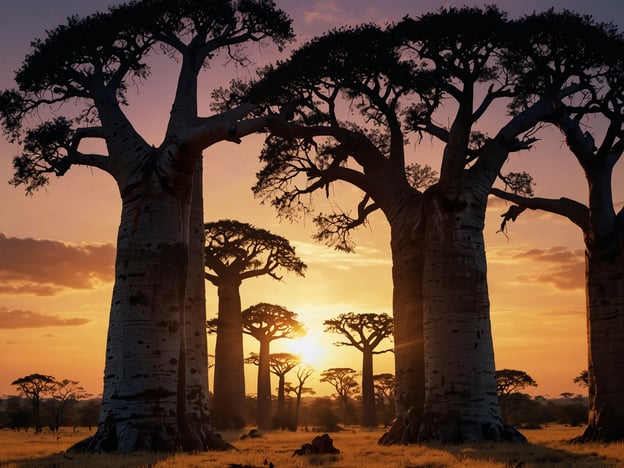 Auf dem Bild sind majestätische Baobab-Bäume zu sehen, die in einer Landschaft mit einem atemberaubenden Sonnenuntergang stehen. Diese beeindruckenden Bäume sind häufig in Afrika, insbesondere auf der Insel Madagaskar, bekannt. 

Aktivitäten, die man in dieser Umgebung genießen könnte, sind Safaris zur Tierbeobachtung, Wanderungen durch die Natur, Fotografieren der einzigartigen Flora und Fauna sowie das Erleben der lokalen Kultur und Traditionen. Die Szenerie ist ideal für entspannende Abende und bietet spektakuläre Ausblicke auf den Sonnenuntergang.