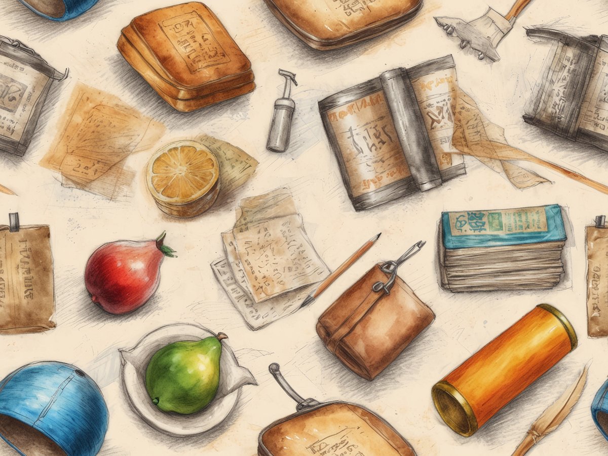 Auf dem Bild sind verschiedene Gegenstände und Früchte zu sehen, die auf einem hellen Hintergrund angeordnet sind. Dazu gehören Bücher mit alten, teilweise unlesbaren Schriftzeichen, ein paar handschriftliche Notizen, eine orange Frucht, eine grüne Birne und ein roter Apfel. Außerdem sind verschiedene Schreibutensilien wie ein Bleistift und eine Feder abgebildet, sowie einige kleine Kästchen und eine runde, orangefarbene Tube. Die Anordnung und Vielfalt der Gegenstände könnte für Reisende, die Israel besuchen wollen, eine symbolische Darstellung der reichen Geschichte und Kultur des Landes darstellen.