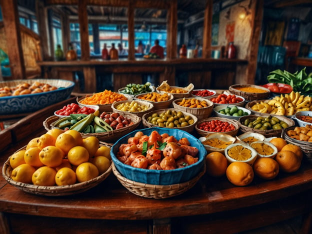 Auf dem Bild sind bunte und frische kulinarische Highlights zu sehen. Verschiedene Obst- und Gemüsesorten sind kunstvoll in Körben arrangiert. Darunter befinden sich gelbe Zitronen, saftige Orangen, bunte Tomaten, bunte Paprika und grüne Oliven. Die Vielfalt der Farben und Formen macht das Arrangement besonders appetitlich und zeigt die Vielfalt der Natur. Diese Auswahl an frischen Zutaten könnte die Grundlage für zahlreiche köstliche Gerichte bieten.