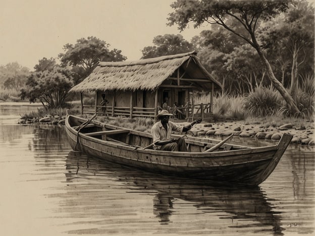 Auf dem Bild ist eine ruhige Flusslandschaft zu sehen, in der ein Mann in einem traditionellen Boot paddelt. Im Hintergrund befindet sich eine kleine Hütte mit einem Strohdach, umgeben von üppiger Vegetation und Bäumen, die eine friedliche Atmosphäre schaffen. Aktivitäten, die man hier erleben könnte, sind das Paddeln auf dem Fluss, das Erkunden der Natur und das Fischen. Diese Umgebung lädt auch zu einem entspannenden Ausflug ein, bei dem man die Schönheit der Landschaft genießen kann.