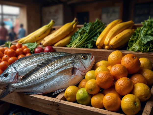 Auf dem Bild sind frische kulinarische Zutaten zu sehen, die auf einem Markt präsentiert werden. Im Vordergrund liegen zwei große Fische, die frisch gefangen wirken. Neben den Fischen liegen eine Vielzahl von Zitrusfrüchten, darunter Orangen und Zitronen, die für deren frischen Geschmack bekannt sind. Außerdem sind reife Bananen und eine Auswahl an buntem Gemüse, wie Tomaten und Salat, sichtbar. Diese Vielfalt an Zutaten lädt dazu ein, verschiedene köstliche Gerichte zuzubereiten und die Aromen der Natur zu genießen.