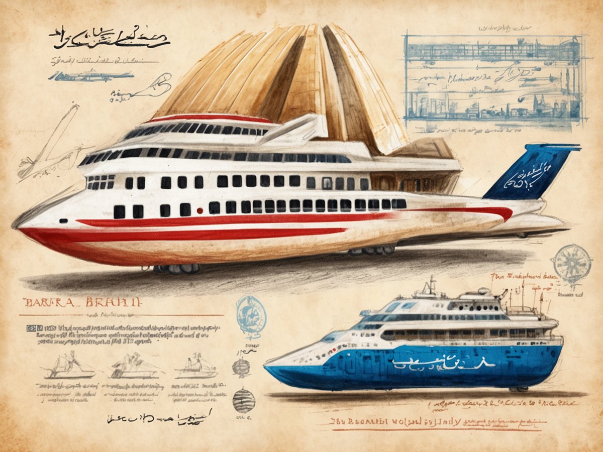 Das Bild zeigt zwei handgezeichnete Skizzen von modernen Booten, die für Reisen in Bahrain entworfen wurden. Das obere Boot hat eine elegante Form mit einem weißen und roten Rumpf sowie großen Fenstern und einem markanten Dach. Das untere Boot ist in blau gehalten und hat ebenfalls eine moderne Struktur. Im Hintergrund sind technische Zeichnungen und Notizen zu sehen, die Informationen zur Konstruktion und Funktion der Boote enthalten. Das Bild vermittelt Eindrücke von maritimen Reisen und den Dienstleistungen, die in Bahrain angeboten werden.
