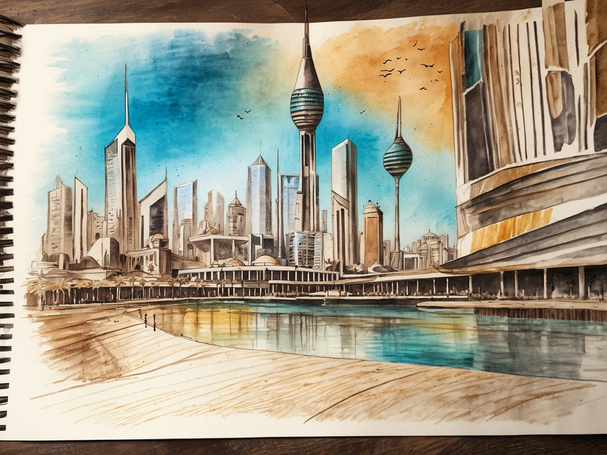 Eine beeindruckende Wasserfarbendarstellung der Skyline von Kuwait mit modernen Wolkenkratzern und markanten Türmen, die sich vor einem strahlend blauen Himmel abzeichnen. Im Vordergrund verläuft ein sandiger Weg entlang des Wassers, wo zwei Menschen spazieren gehen. Die Architektur spiegelt den futuristischen Stil wider, während die sanften Farbverläufe einen malerischen Eindruck hinterlassen. Diese Kunstwerke vermitteln den Charme und die Dynamik von Kuwait, einem Ort, den man einmal im Leben besuchen sollte, um die einzigartige Mischung aus Tradition und Moderne zu erleben.