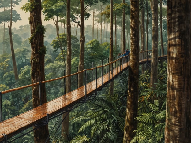 Auf dem Bild ist eine Hängebrücke in einem dichten, grünen Wald zu sehen, die an Aktivitäten und Sehenswürdigkeiten in Ruanda erinnert. Diese Art von Brücke könnte man im Nyungwe-Nationalpark finden, wo Besucher die atemberaubende Natur und die vielfältige Tierwelt erleben können. Hier kann man auch an geführten Wanderungen teilnehmen, um die beeindruckenden Primaten, darunter Schimpansen und colobus Affen, zu beobachten. Die üppige Vegetation und die beeindruckenden Ausblicke machen den Park zu einem beliebten Ziel für Naturliebhaber und Abenteurer.