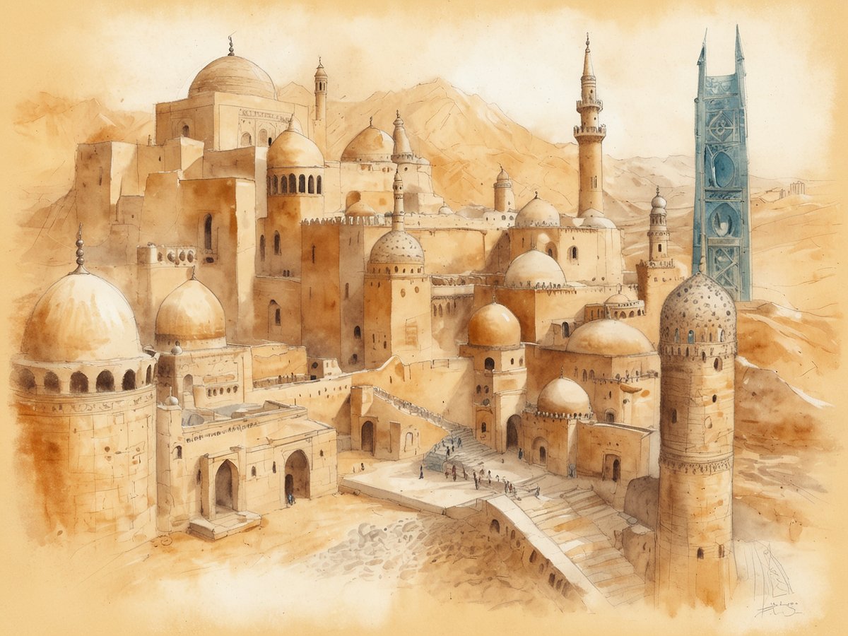 Eine kunstvolle Darstellung einer historischen Stadt in Saudi-Arabien, die von sandfarbenen Gebäuden mit charakteristischen Kuppeln und Minaretten geprägt ist. Die Architektur zeigt traditionelle Wohnhäuser, Moscheen und Türme, die alle in warmen Beige- und Brauntönen gehalten sind. Im Vordergrund sind Menschen zu sehen, die auf steinernen Wegen entlang der Gebäude gehen. Im Hintergrund erhebt sich eine Berglandschaft, die die majestätische Kulisse der Stadt bildet. Diese Szene vermittelt ein Gefühl von Geschichte und Kultur, ideal für Reisende, die die Traditionen und das Erbe Saudi-Arabiens erkunden möchten.