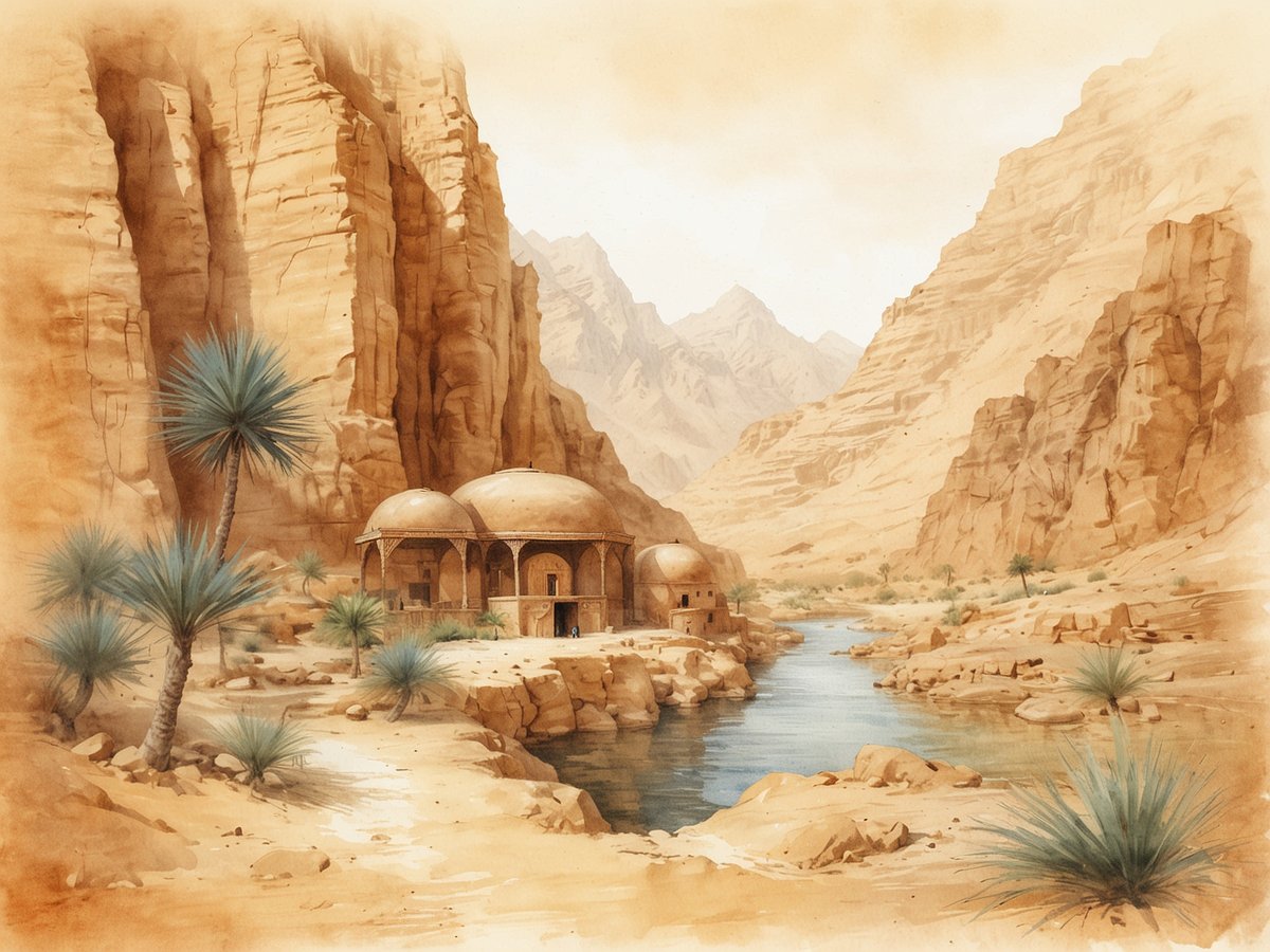 Eine malerische Wüstenlandschaft in Oman, geprägt von hohen, sandsteinfarbenen Felsen und sanften Hügeln. Im Vordergrund verläuft ein ruhiges Gewässer, das von grünenden Palmen umsäumt ist. Am Ufer steht ein traditionelles Bauwerk mit gewölbten Dächern, umgeben von karger, aber faszinierender Natur. Diese Szene verkörpert die Schönheit der omanischen Landschaft und lädt zum Verweilen und Erkunden ein.