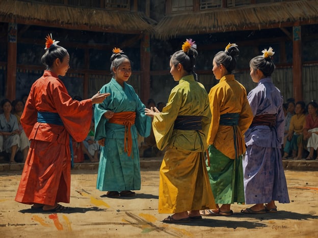 Auf dem Bild sind mehrere Mädchen in traditionellen, bunten Trachten zu sehen, die sich in einer Art Runde versammeln. Ihre Kleidung erinnert an das koreanische Hanbok, ein Symbol für kulturelle Identität und Tradition in Korea. 

Diese Art von Versammlung könnte einem Fest oder einer kulturellen Darbietung zugeordnet werden, bei der Tanz oder Gesang eine Rolle spielen. Solche Ereignisse sind oft mit besonderen Feiertagen oder Riten verbunden, in denen Gemeinschaft und Tradition gefeiert werden. Die leuchtenden Farben ihrer Trachten symbolisieren oft Freude und Festlichkeit und sind in der koreanischen Kultur von großer Bedeutung. 

Im Hintergrund sieht man eine Gruppe von Zuschauern, die wahrscheinlich aus der Gemeinde stammen und die Darbietung aufmerksam verfolgen. Solche Zusammenkünfte stärken das Gemeinschaftsgefühl und sind eine wunderbare Gelegenheit, Traditionen lebendig zu halten und an die nächste Generation weiterzugeben.