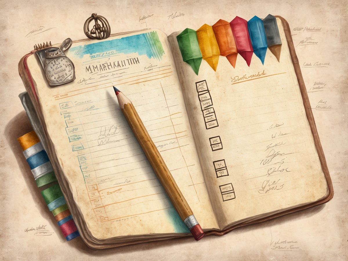 Ein geöffnetes Notizbuch liegt auf einem neutralen Hintergrund. Auf der linken Seite sind verschiedene handschriftliche Notizen und eine Aufzeichnung im Zusammenhang mit Reisen zu sehen. Ein Bleistift liegt schräg über der Seite, während bunte, geformte Marker in den Farben Blau, Orange, Grün, Rot, Gelb und Braun am oberen Rand der Seiten platziert sind. Eine kleine dekorativeTeekanne ist an der obersten Ecke des Buches befestigt.