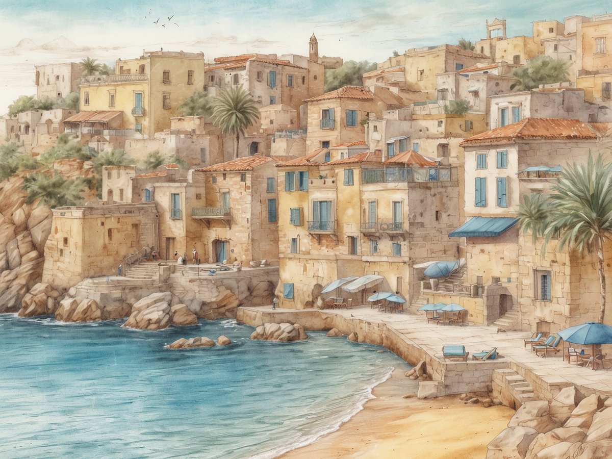 Eine malerische Küstenstadt mit niedrigen, gelben Steinbauten und rot gedeckten Dächern, die an einer ruhigen Bucht liegen. Im Vordergrund sind sanft wogende Wellen zu sehen, die an den goldenen Sandstrand schlagen. Einige Liegen und Sonnenschirme stehen entlang der Uferpromenade, während Menschen entspannt spazieren oder an der Küste verweilen. Palmen und weitere mediterrane Pflanzen umgeben die Gebäude, und sanfte Hügel sind im Hintergrund zu erkennen. Diese Szenerie strahlt ein Gefühl von Ruhe und Erholung aus und lädt dazu ein, die Schönheit Tunisiens einmal im Leben zu entdecken.