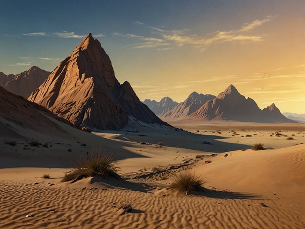 Auf dem Bild ist eine atemberaubende Landschaft zu sehen. Die Umgebung ist geprägt von majestätischen Bergen, die sich über eine weite Sandfläche erheben. Die sanften Wellen des Sandes scheinen in der Abenddämmerung zu leuchten, während der Himmel mit warmen Farbtönen gefärbt ist. Es ist ein ruhiger und beeindruckender Anblick, der die Schönheit der Natur in ihrer reinsten Form zeigt.