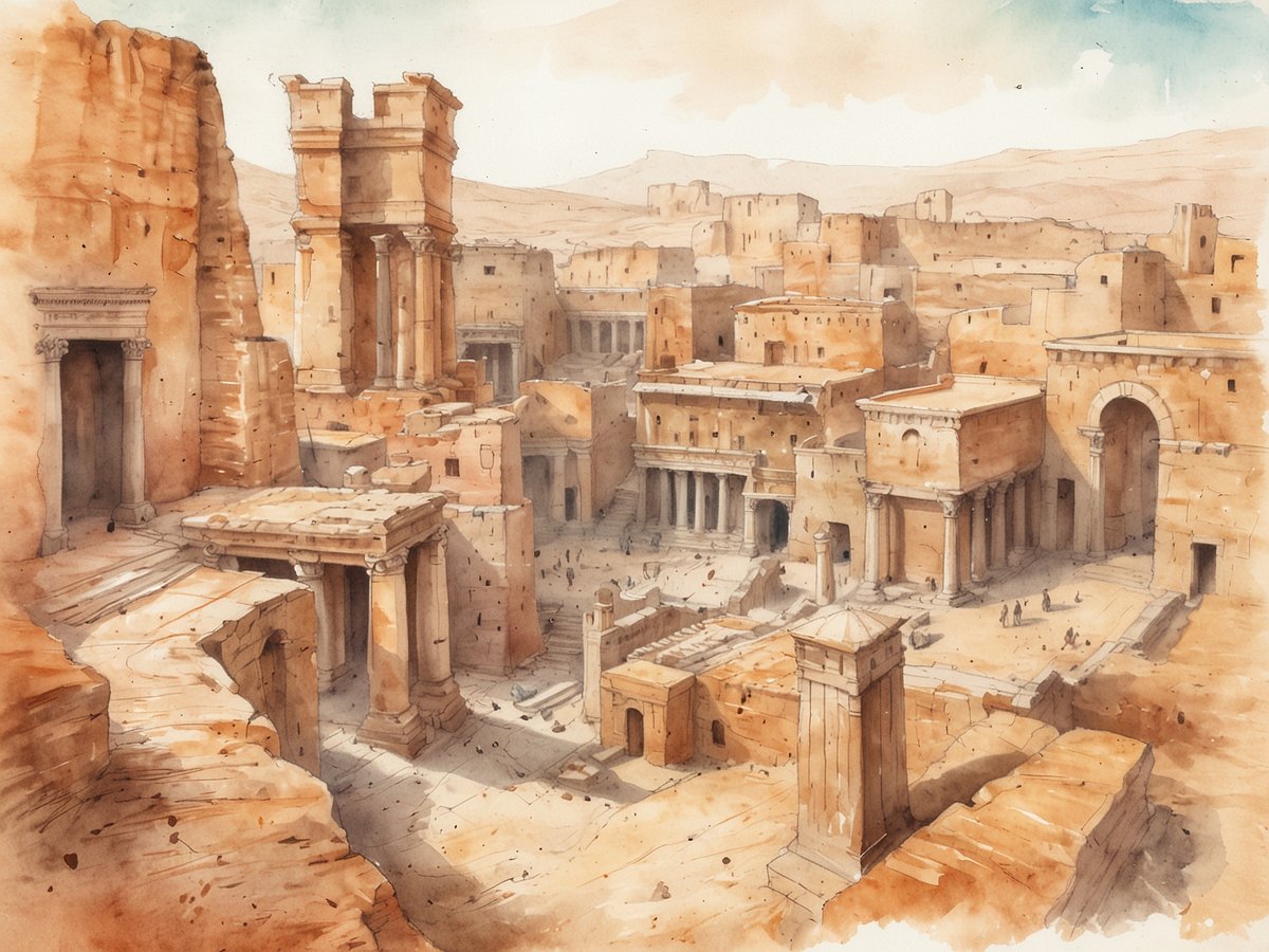 Eine imposante Darstellung einer antiken Stadtlandschaft, die reich an historischen Gebäuden und Ruinen ist. Die Architektur zeigt Säulen, Tempel und imposante Mauern, die aus warmen Sandsteintönen bestehen. Im Vordergrund befinden sich Treppen und Plattformen, die zu weiteren Gebäuden führen. Die sanfte Farbpalette und das Wasserfarbenspiel vermitteln eine ruhige, nostalgische Atmosphäre. Im Hintergrund erstreckt sich eine wolkenlose Hügellandschaft. Diese beeindruckenden Ruinen wecken das Interesse an Libyens reichem kulturellen Erbe und laden dazu ein, die Geheimnisse der Vergangenheit zu erkunden.