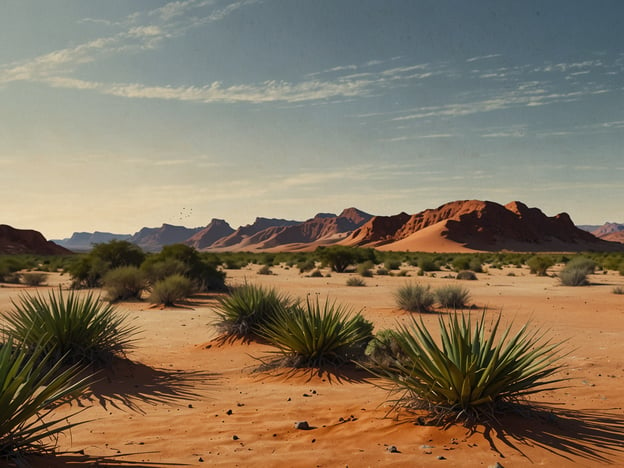 Auf dem Bild ist eine weite Wüstenlandschaft zu sehen, geprägt von sanften Sanddünen und einer Vielzahl von Pflanzen, die sich an die trockenen Bedingungen angepasst haben. Die Farben sind warm und erdverbunden, mit dem Kontrast zwischen dem orangefarbenen Sand und dem blauen Himmel.

**Geheimtipps für einen Besuch in der Wüste:**
1. **Sonnenuntergangsführungen:** Die Magie der Wüste zeigt sich oft bei Sonnenuntergang. Suche lokale Guides, die spezielle Touren anbieten, um die atemberaubenden Farben zu erleben.
2. **Nachtwanderungen:** Viele Wüstenregionen bieten die Möglichkeit, nachts zu wandern und den klaren Sternenhimmel zu bewundern – ein unvergessliches Erlebnis.
3. **Kulturelle Begegnungen:** Informiere dich über die einheimischen Stämme oder Gemeinden, die in der Nähe leben. Oft bieten sie authentische Erlebnisse und Einblicke in ihre Traditionen.
4. **Geheime Aussichtspunkte:** Frag die Einheimischen nach weniger bekannten Aussichtspunkten für spektakuläre Ausblicke ohne Touristenmassen.
5. **Lokale Flora und Fauna:** Nimm an botanischen Führungen teil, um mehr über die speziellen Pflanzen und Tiere zu erfahren, die in dieser einzigartigen Umwelt gedeihen. 

Diese Tipps helfen dir, die Wüste abseits der ausgetretenen Pfade zu erkunden!