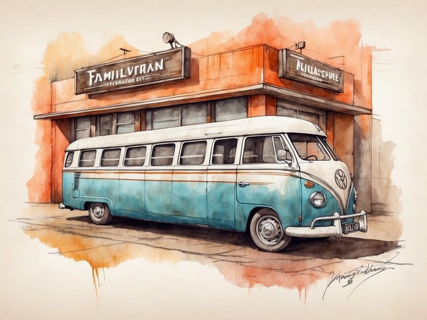 Auf dem Bild ist ein stilisierter, watercolorartiger Entwurf eines alten VW-Busses zu sehen, der vor einem Restaurant oder einer Gaststätte steht. Die Gebäude sind mit Schildern versehen, die die Namen "Familjvran" und "Kullashufe" zeigen. Diese Szenerie könnte gut zu einem gastronomischen Erlebnis in einem Freizeitpark wie Nigloland passen, wo man kulinarische Köstlichkeiten in einem charmanten Ambiente genießen kann. Die Atmosphäre wirkt einladend und nostalgisch, ideal für Familienausflüge und Genussmomente.