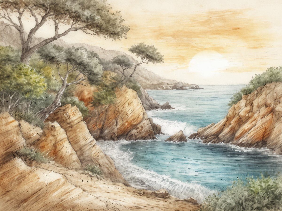 Eine malerische Küstenlandschaft mit sanften, felsigen Klippen, umgeben von Bäumen und Sträuchern. Im Vordergrund sind geschwungene, sandy Felsen zu sehen, die ins glitzernde, türkisfarbene Wasser übergehen. Die Wellen schlagen sanft gegen die Steine, während die Sonne langsam am Horizont aufgeht und den Himmel in warmen Farben erleuchtet. Diese idyllische Szene vermittelt ein Gefühl von Ruhe und natürlichen Schönheiten, die zum Entspannen einladen. Ein Besuch in Somalia könnte die Möglichkeit bieten, solche atemberaubenden Ausblicke und die unberührte Natur hautnah zu erleben.