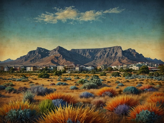 Auf dem Bild ist eine Landschaft mit einer beeindruckenden Bergkette im Hintergrund und einer Wohnsiedlung im Vordergrund zu sehen. Die Vegetation ist vielfältig und farbenfroh, mit verschiedenen Pflanzenarten, die die sonnige, warme Atmosphäre widerspiegeln. Diese Szenerie erinnert an Kapstadt – die bunte Metropole am Meer, die für ihre atemberaubende Natur und die typische Mischung aus urbanem Leben und spektakulären Landschaften bekannt ist. Der Tafelberg könnte hier in der Ferne zu sehen sein, was ein markantes Merkmal dieser Region ist.