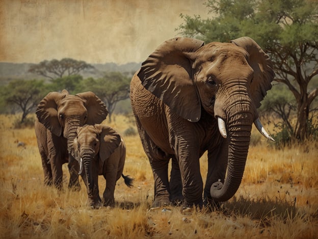 Auf dem Bild sind drei Elefanten zu sehen, die durch eine savannenartige Landschaft im Kruger-Nationalpark wandern. Die Umgebung ist geprägt von trockenen, goldenen Gräsern und vereinzelten Bäumen, die typisch für die afrikanische Savanne sind. Dieses Szenario könnte Teil eines Safari-Abenteuers im Kruger-Nationalpark sein, wo Besucher die majestätischen Tiere in ihrem natürlichen Lebensraum beobachten können. Elefanten sind für ihre sozialen Strukturen und enge Familienbindungen bekannt, was in dieser Darstellung besonders zur Geltung kommt.