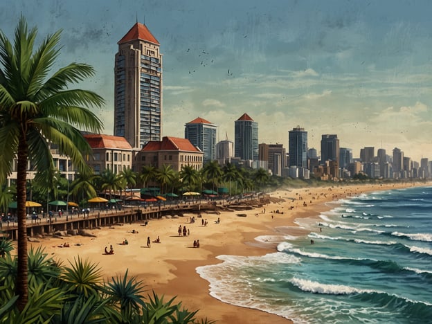 Auf dem Bild ist eine malerische Küstenansicht von Durban, einem tropischen Paradies am Indischen Ozean, zu sehen. Die Szene zeigt einen schönen Sandstrand, wo sich mehrere Menschen entspannen und am Wasser spielen. Im Hintergrund ragen moderne Wolkenkratzer und Gebäude auf, umgeben von üppigen Palmen. Der Himmel ist hell und klar, und die Wellen des Indischen Ozeans rollen sanft an den Strand. Diese Ansicht verkörpert das entspannte und lebendige Lebensgefühl von Durban.