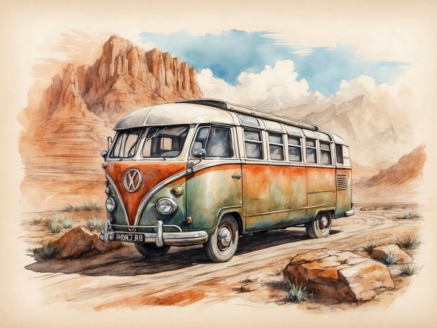 Auf dem Bild ist ein farbenfroher VW-Bus in einer malerischen Wüstenlandschaft zu sehen. Die Kulisse mit den beeindruckenden Felsen und dem weiten Himmel vermittelt ein Gefühl von Abenteuer und Freiheit. Solch ein Bild kann inspirieren, in die Natur auszubrechen und entspannende Roadtrips zu unternehmen. Der VW-Bus steht symbolisch für unbeschwerte Reisen und die Möglichkeit, neue Orte zu erkunden, was perfekt für Entspannung und unvergessliche Erlebnisse ist. Man könnte sich vorstellen, in diesem Bus mit Freunden oder der Familie zu verreisen, vielleicht zu einem Campingplatz oder zu einem malerischen Aussichtspunkt, wo man die Aussicht genießen und die Seele baumeln lassen kann.