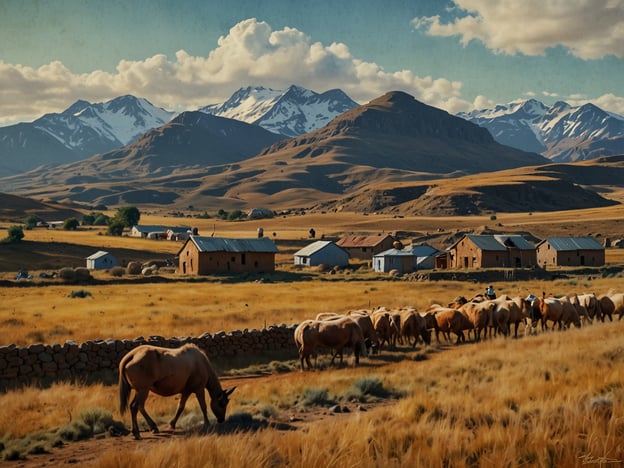 Das Bild zeigt eine malerische Landschaft in Lesotho, einem Land, das von beeindruckenden Bergen umgeben ist. Im Vordergrund grasen einige Pferde auf den weiten, goldenen Wiesen. Hinter ihnen ist eine Gruppe von Menschen zu sehen, die eine Herde von Kühen führen. Im Hintergrund erheben sich majestätische Berge, deren Gipfel schneebedeckt sind. Die ruhige, ländliche Szenerie vermittelt ein Gefühl von Frieden und Verbundenheit mit der Natur. Die Architektur der einfachen Häuser, die im Bild sichtbar sind, ist typisch für die Region.