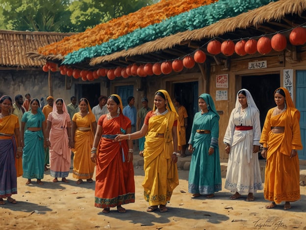 Auf dem Bild sind mehrere Frauen in traditionellen indischen Saris zu sehen, die fröhlich in einer ländlichen Umgebung versammelt sind. Die Farben ihrer Saris sind vielfältig und lebhaft, was die kulturelle Bedeutung der Kleidung unterstreicht. Im Hintergrund sieht man Häuser mit kunstvollen Dächern, die mit bunten Blumen und Laternen geschmückt sind, was auf ein Fest oder eine Feier hinweisen könnte. Solche Szenen spiegeln oft die Gemeinschaftsbindung und die Traditionen wider, die in indischen Dörfern lebendig sind, sowie die Freude, die mit kulturellen Festen verbunden ist. 

Die Darstellung der Frauen zeigt Stärke und Einheit, was für viele kulturelle Erfahrungen in Indien von Bedeutung ist.