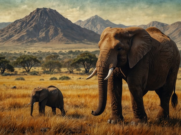 Auf dem Bild sind zwei Elefanten in einer weitläufigen Savanne zu sehen, umgeben von grasbewachsenen Flächen und Bäumen, mit Bergen im Hintergrund. Elefanten sind majestätische Tiere, die häufig in afrikanischen Landschaften vorkommen. 

Swasiland, auch bekannt als Eswatini, ist ein Land im südlichen Afrika, das für seine atemberaubenden Landschaften und reiche Tierwelt bekannt ist. Die Gegend bietet Schutz für viele Arten, darunter auch Elefanten, die in den Nationalparks und Wildreservaten des Landes leben.