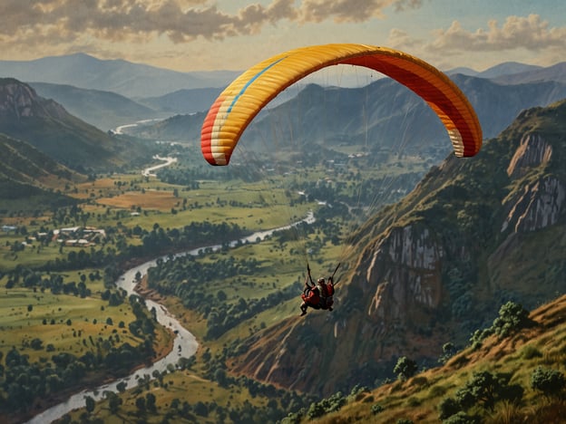 Auf dem Bild ist eine Person zu sehen, die mit einem Gleitschirm über einer landschaftlich reizvollen Gegend schwebt. Diese Aktivität, das Gleitschirmfliegen, ermöglicht es den Menschen, die Freiheit des Fliegens zu erleben und atemberaubende Ausblicke auf die Natur zu genießen. Die Aussicht auf das grüne Tal, den Fluss und die Berge macht das Abenteuer noch faszinierender und bietet ein Gefühl von Adrenalin und Frieden gleichzeitig. Gleitschirmfliegen ist nicht nur ein aufregendes Abenteuer, sondern auch eine Möglichkeit, die Schönheit der Natur aus einer neuen Perspektive zu betrachten.